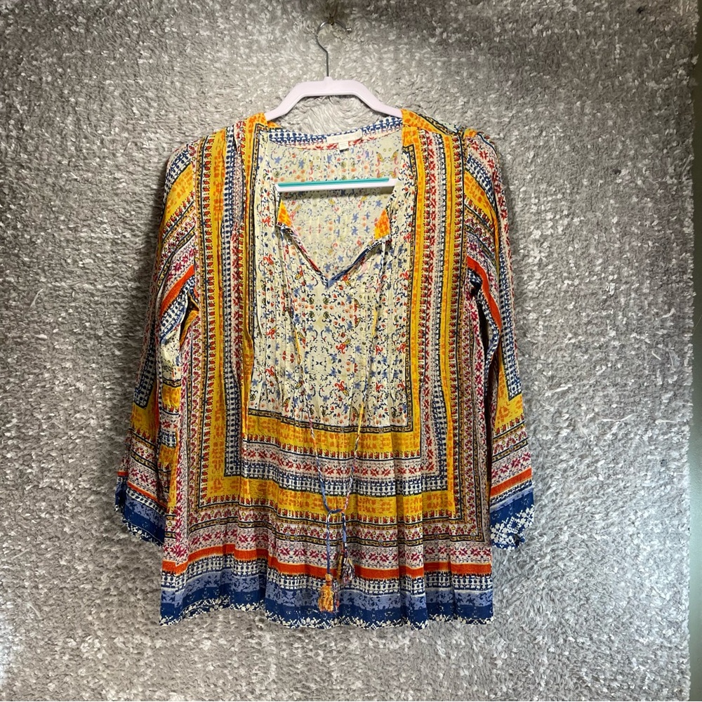 Kyla Seo Peasant  Blouse Top XS Wearable Art Tasseled Polyester Colorful